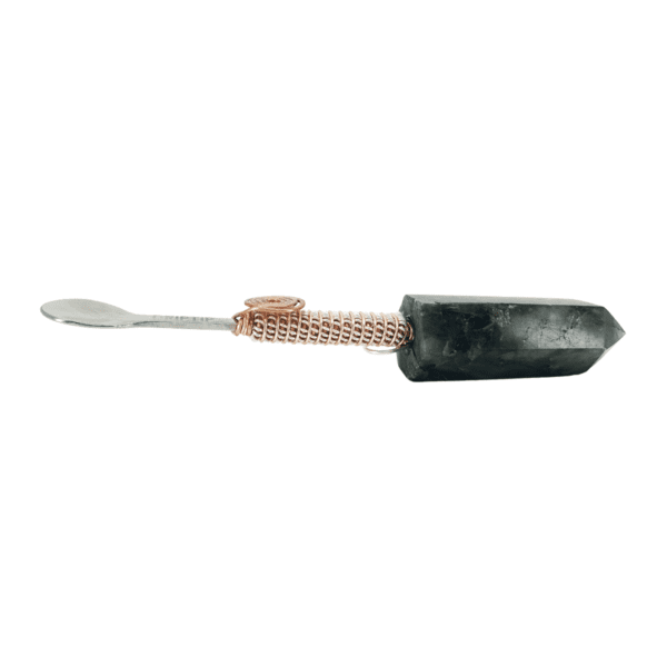 Black crystal wand with copper wire wrapping.