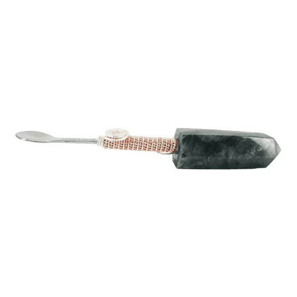 Black crystal spoon with copper wire wrap.