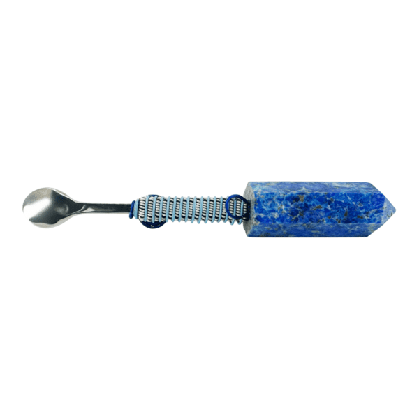 A blue and silver spoon with a stone handle.