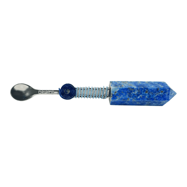 A spoon with a blue handle and a bead on it.