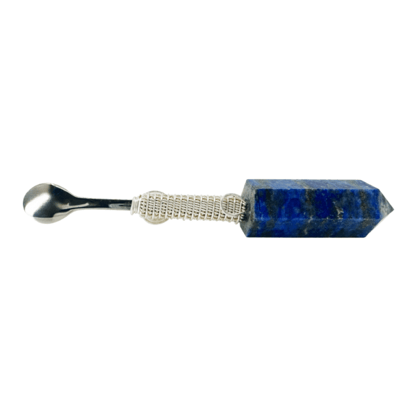 A blue stone with a silver handle.