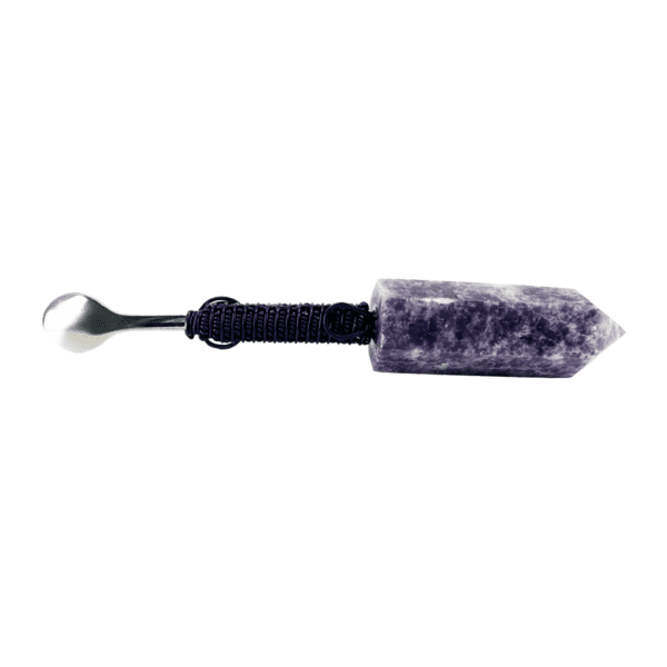 A purple stone wand with a black handle.