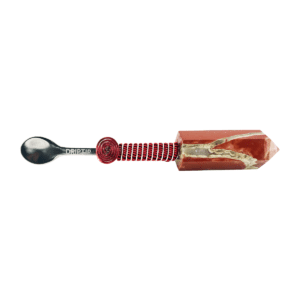 A spoon with a red handle and a wooden blade.