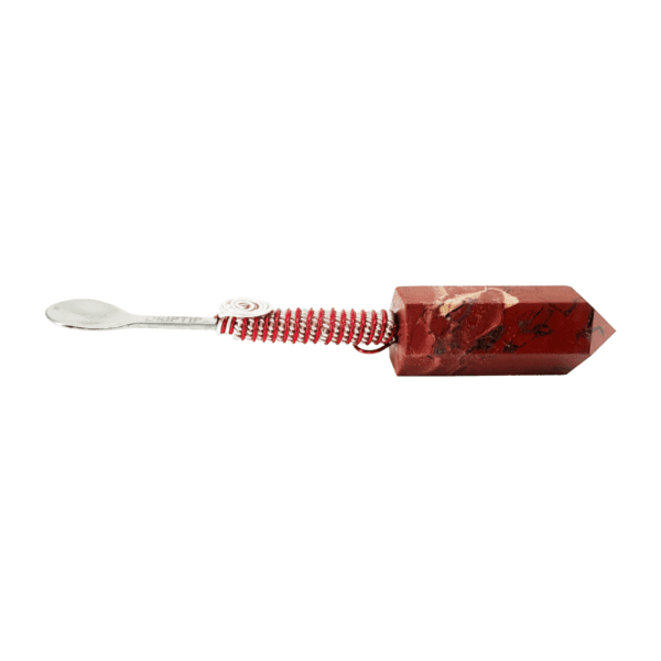 A red toothbrush with a white handle and a red stripe.