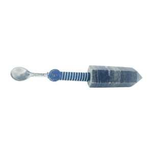 Blue crystal spoon with a blue cord handle.