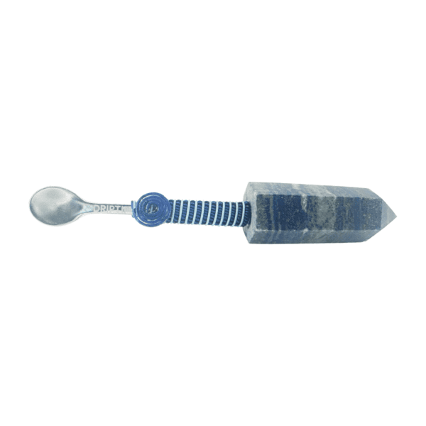 Blue crystal spoon with a blue cord handle.