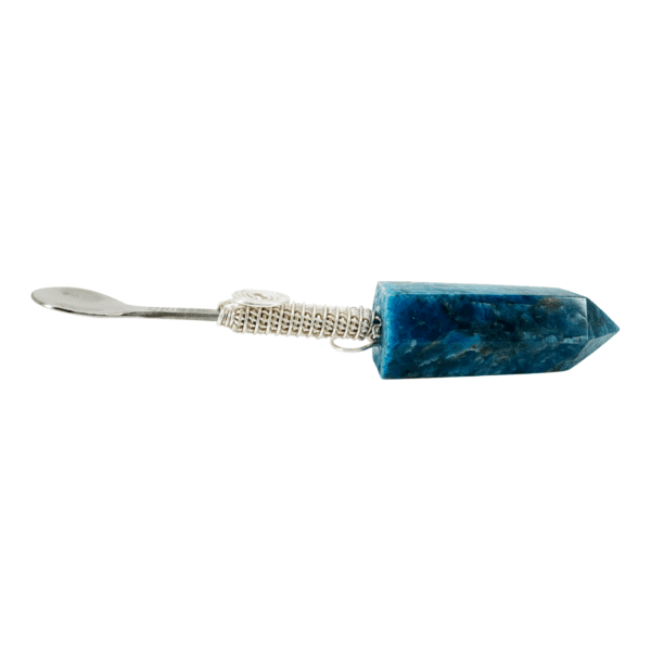 Blue crystal spoon with silver wire wrap.