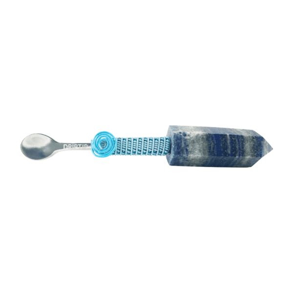 Blue crystal spoon with silver handle.