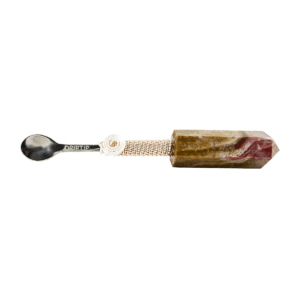 A spoon with a wooden handle and a white background