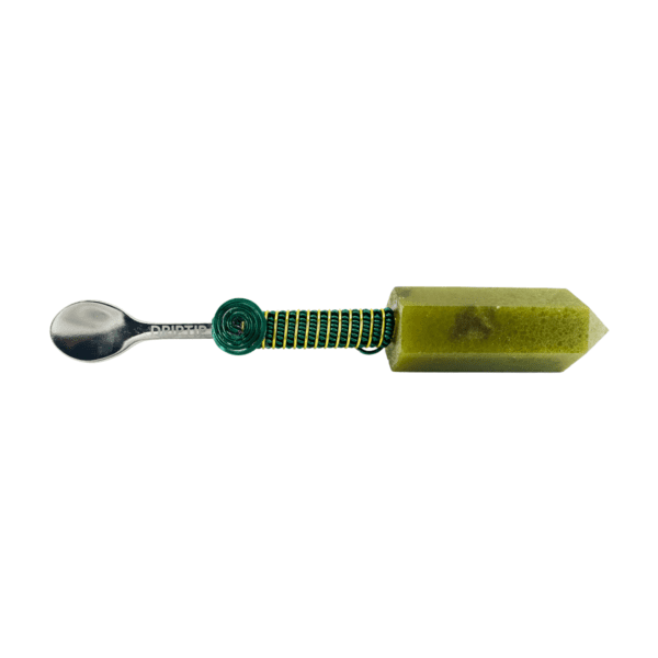 Green crystal spoon with wire wrapping.