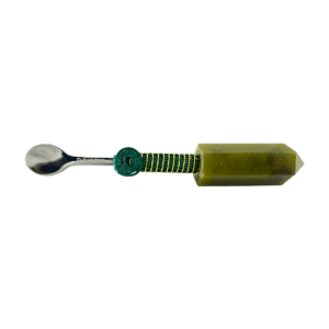 Green crystal spoon with wire wrap.